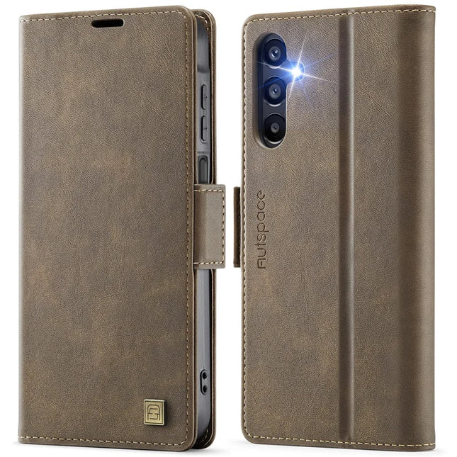 For Samsung Galaxy A16 5G Case AUTSPACE A11 RFID Blocking Retro Leather Cell Phone Wallet Cover - Brown