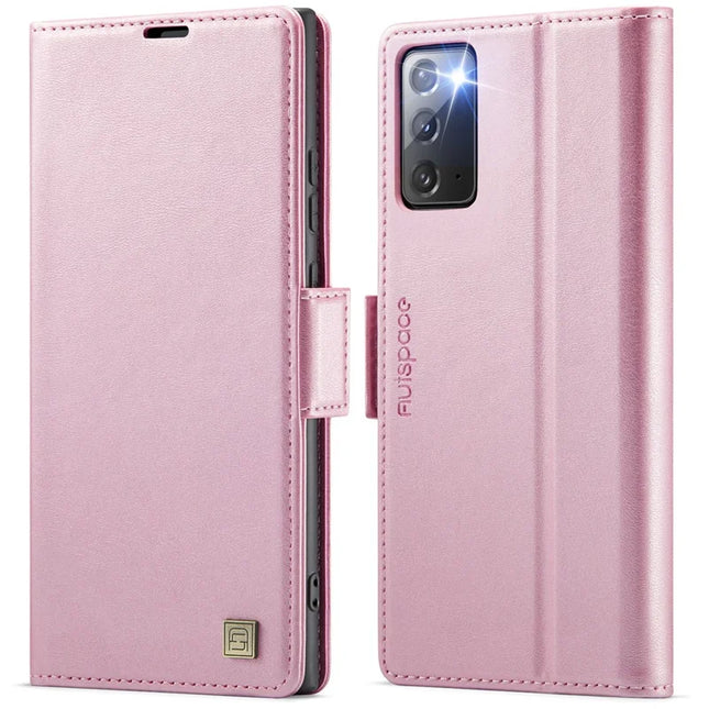 For Samsung Galaxy Note20 5G Case AUTSPACE A11 RFID Blocking Retro Leather Cell Phone Wallet Cover - Pink