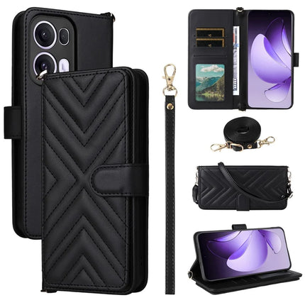 For Oppo Reno13 Pro 5G Wallet Case with Shoulder Strap Leather Phone Cover - Black
