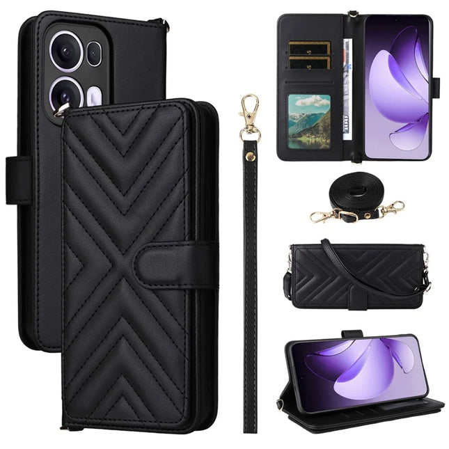 For Oppo Reno13 Pro 5G Wallet Case with Shoulder Strap Leather Phone Cover - Black