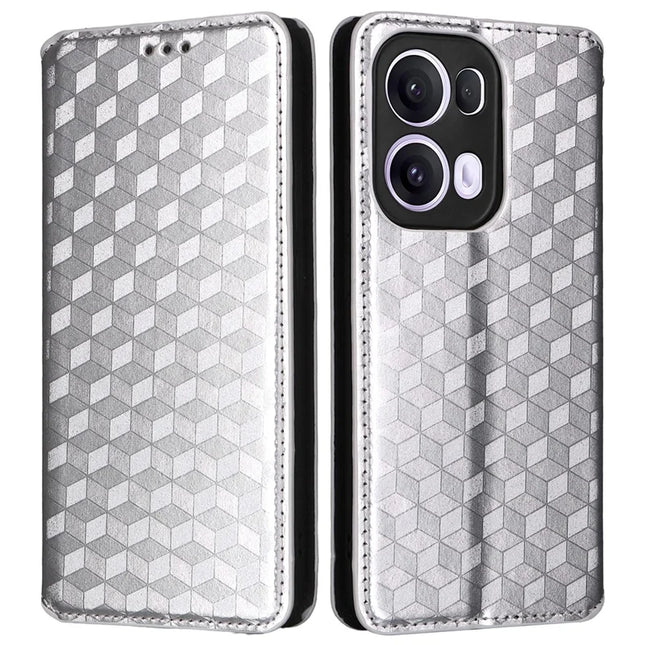 For Oppo Reno13 Pro 5G Wallet Case Rhombus Imprinted Leather Phone Cover - Silver
