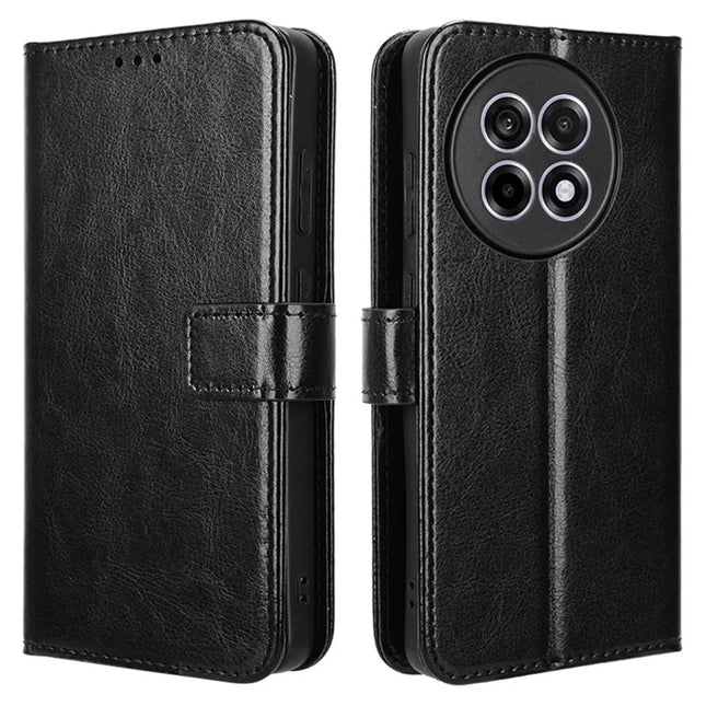 Leather Case for OnePlus 13R 5G / Ace 5 5G / Ace 5 Pro 5G Crazy Horse Texture Phone Wallet Cover - Black