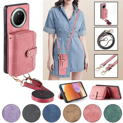 For Huawei Mate 70 PU Leather Phone Back Cover with Zipper Card Holder and Long Strap