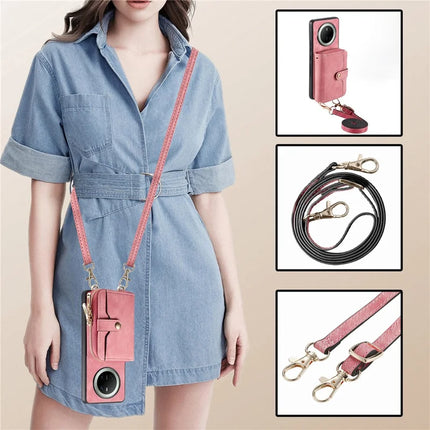 For Huawei Mate 70 PU Leather Phone Back Cover with Zipper Card Holder and Long Strap
