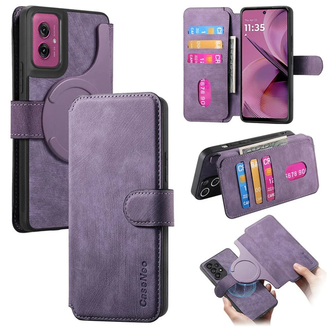 For Motorola Moto G55 5G Case CASENEO Detachable Magnetic RFID Block Leather Phone Wallet Cover - Purple 