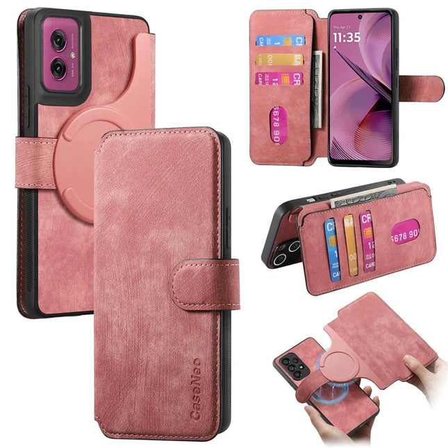 For Motorola Moto G55 5G Case CASENEO Detachable Magnetic RFID Block Leather Phone Wallet Cover - Pink