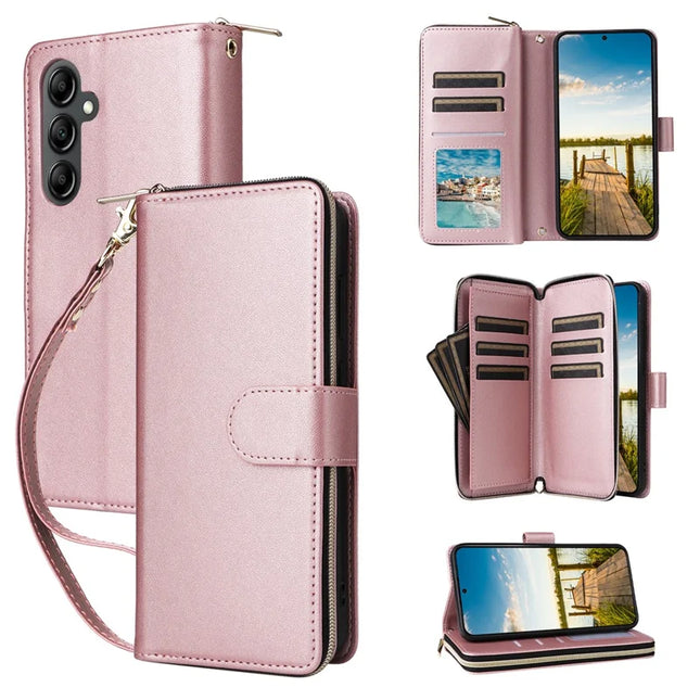 For Samsung Galaxy A26 5G Case Zipper Pocket PU Leather Cover with 9 Card Slots - Rose Gold