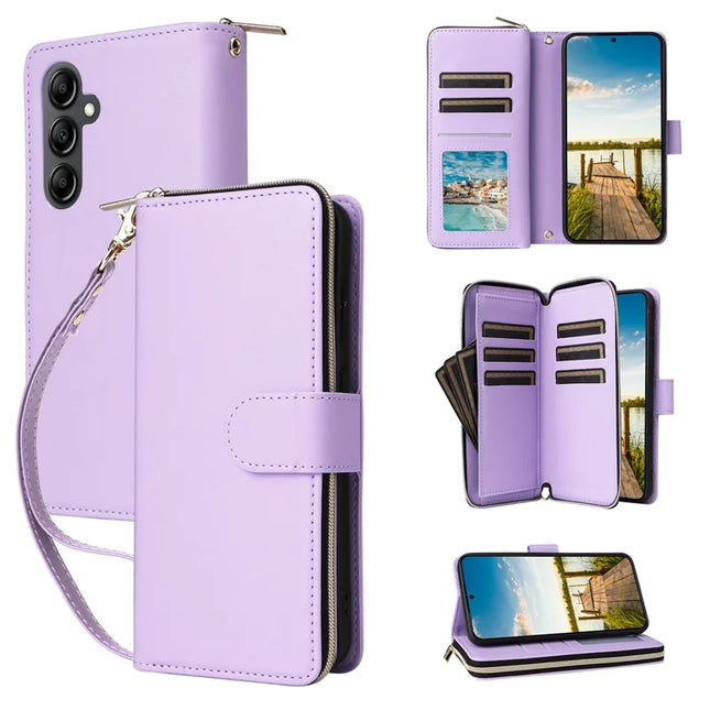 For Samsung Galaxy A26 5G Case Zipper Pocket PU Leather Cover with 9 Card Slots - Light Purple