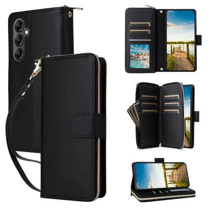 For Samsung Galaxy A26 5G Case Zipper Pocket PU Leather Cover with 9 Card Slots - Black