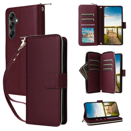 For Samsung Galaxy A26 5G Case Zipper Pocket PU Leather Cover with 9 Card Slots - Wine Red