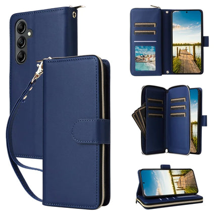 For Samsung Galaxy A26 5G Case Zipper Pocket PU Leather Cover with 9 Card Slots - Blue