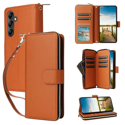 For Samsung Galaxy A26 5G Case Zipper Pocket PU Leather Cover with 9 Card Slots - Brown