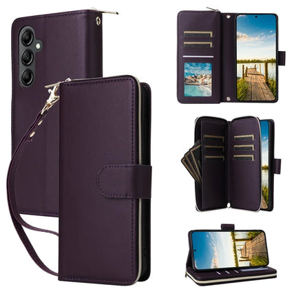 For Samsung Galaxy A26 5G Case Zipper Pocket PU Leather Cover with 9 Card Slots - Dark Purple