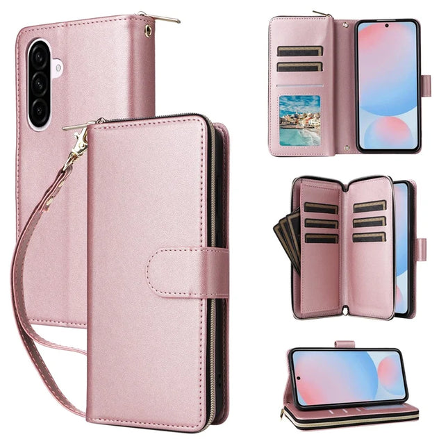 For Samsung Galaxy A56 5G Case Zipper Pocket PU Leather Cover with 9 Card Slots - Rose Gold