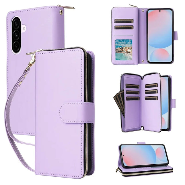 For Samsung Galaxy A56 5G Case Zipper Pocket PU Leather Cover with 9 Card Slots - Light Purple