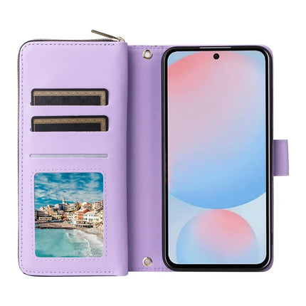 For Samsung Galaxy A56 5G Case Zipper Pocket PU Leather Cover with 9 Card Slots