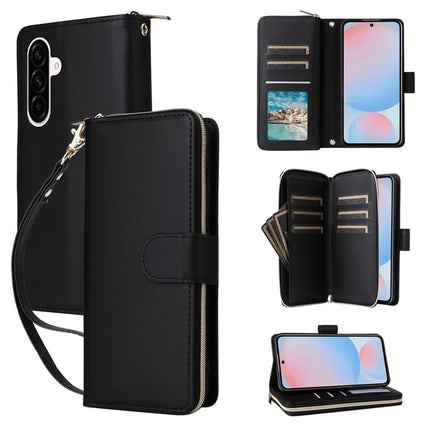 For Samsung Galaxy A56 5G Case Zipper Pocket PU Leather Cover with 9 Card Slots - Black