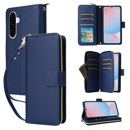 For Samsung Galaxy A56 5G Case Zipper Pocket PU Leather Cover with 9 Card Slots - Blue