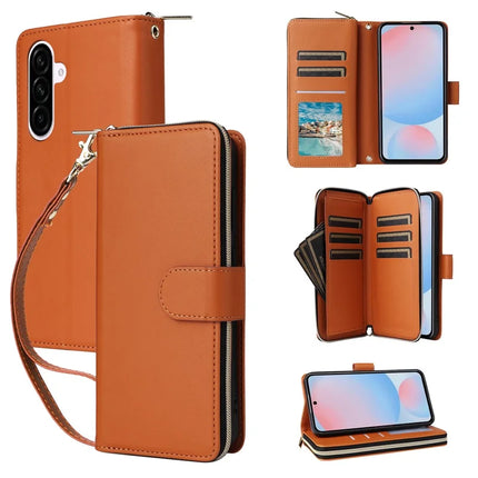 For Samsung Galaxy A56 5G Case Zipper Pocket PU Leather Cover with 9 Card Slots - Brown