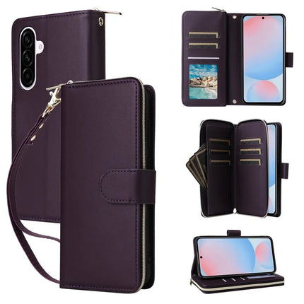 For Samsung Galaxy A56 5G Case Zipper Pocket PU Leather Cover with 9 Card Slots - Dark Purple