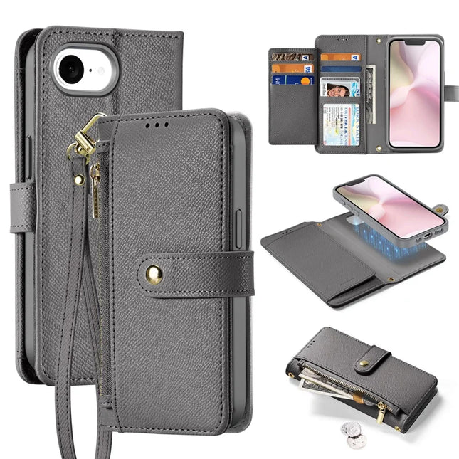 For iPhone 16e Case DUX DUCIS Lawa Series Detachable Magnetic Cowhide Leather Cover Zipper Wallet - Grey