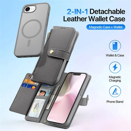 For iPhone 16e Case DUX DUCIS Lawa Series Detachable Magnetic Cowhide Leather Cover Zipper Wallet