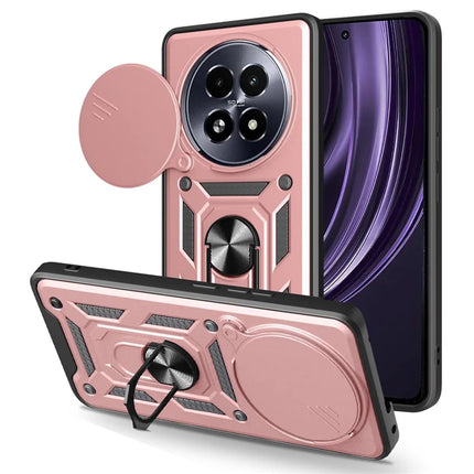 For Realme 13+ 5G Case with Slide Camera Lid PC + TPU Kickstand Phone Cover - Rose Gold