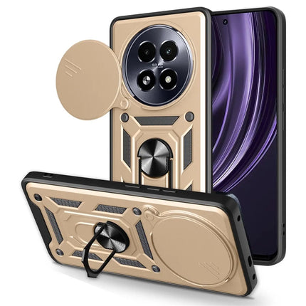 For Realme 13+ 5G Case with Slide Camera Lid PC + TPU Kickstand Phone Cover - Gold
