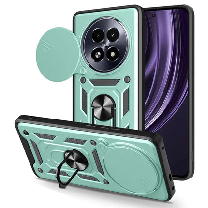 For Realme 13+ 5G Case with Slide Camera Lid PC + TPU Kickstand Phone Cover - Green
