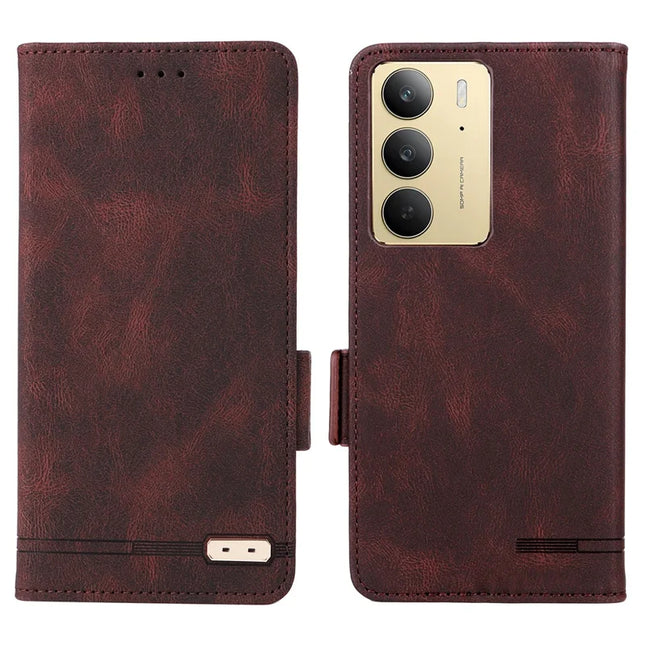 For Realme C75 Case Leather Wallet Flip Phone Cover with Hardware Decor - Brown