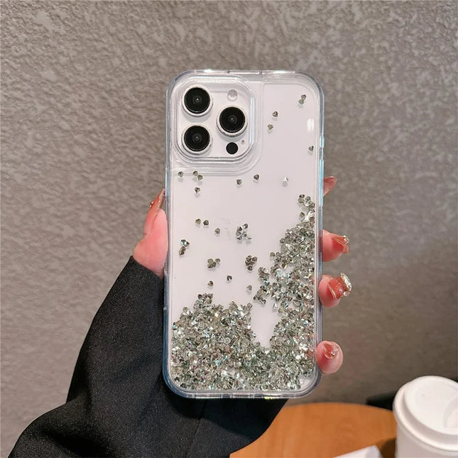 For iPhone 16 Pro Max Case Bling Rhinestone Quicksand TPU + PC Protective Cover - Silver