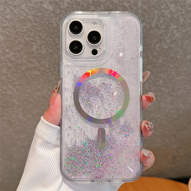 For iPhone 16 Pro Max Case Compatible with MagSafe Electroplated Quicksand PC + TPU Phone Cover - Pink Purple
