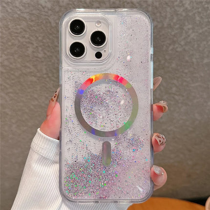 For iPhone 15 Pro Max Case Compatible with MagSafe Electroplated Quicksand PC + TPU Phone Cover - Pink Purple