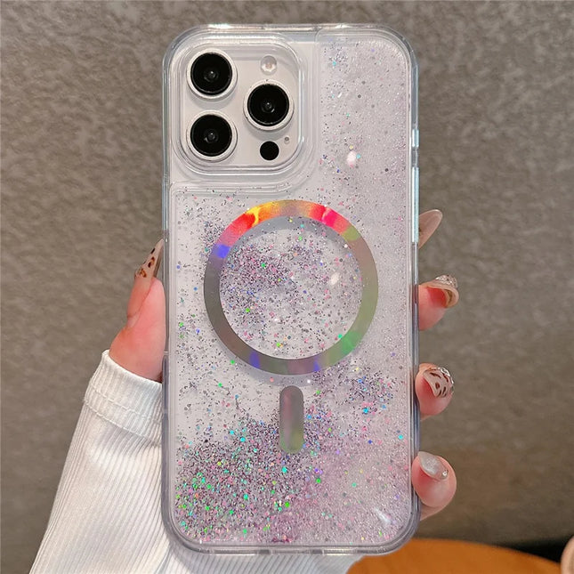 For iPhone 15 Pro Max Case Compatible with MagSafe Electroplated Quicksand PC + TPU Phone Cover - Pink Purple