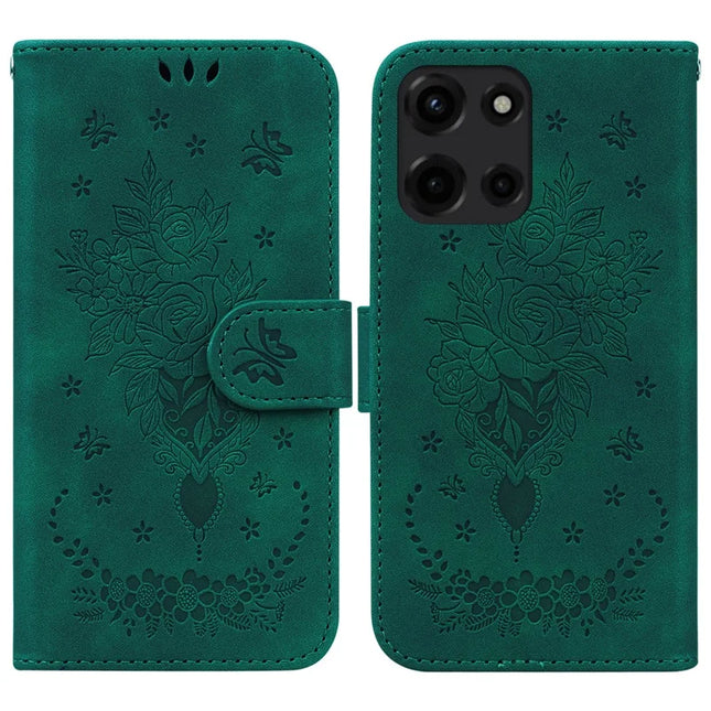 For Motorola Moto G Power (2025) Case PU Leather Wallet Phone Cover Butterfly Flower Imprint - Green