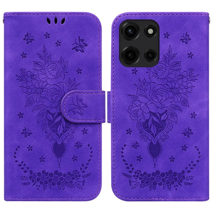 For Motorola Moto G Power (2025) Case PU Leather Wallet Phone Cover Butterfly Flower Imprint - Purple