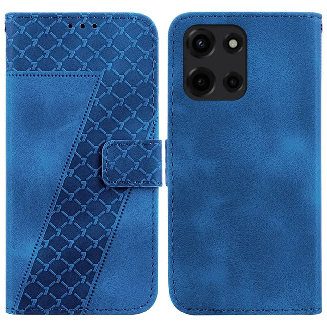 For Motorola Moto G Power (2025) Stand Case 7-Shaped Pattern Imprint Leather Phone Cover - Dark Blue