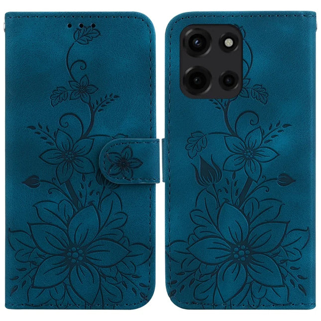 For Motorola Moto G Power (2025) Case Lily Flower Imprint Leather Phone Cover with Stand - Dark Blue