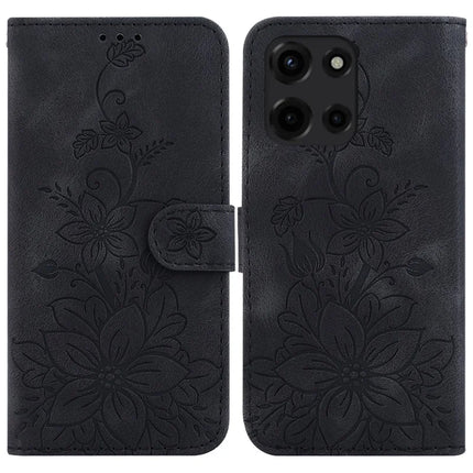 For Motorola Moto G Power (2025) Case Lily Flower Imprint Leather Phone Cover with Stand - Black