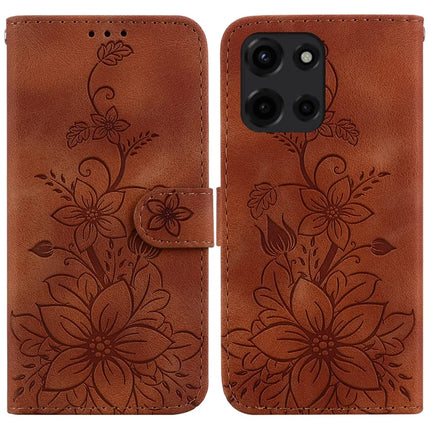 For Motorola Moto G Power (2025) Case Lily Flower Imprint Leather Phone Cover with Stand - Brown