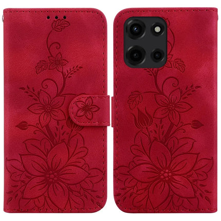 For Motorola Moto G Power (2025) Case Lily Flower Imprint Leather Phone Cover with Stand - Red