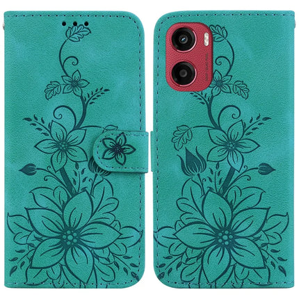 For Motorola Moto G05 4G  /  E15 4G Case Lily Flower Imprint Leather Phone Cover with Stand - Green