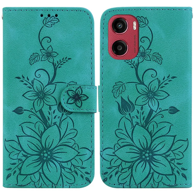 For Motorola Moto G05 4G  /  E15 4G Case Lily Flower Imprint Leather Phone Cover with Stand - Green