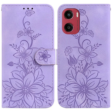 For Motorola Moto G05 4G  /  E15 4G Case Lily Flower Imprint Leather Phone Cover with Stand - Purple