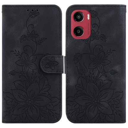 For Motorola Moto G05 4G  /  E15 4G Case Lily Flower Imprint Leather Phone Cover with Stand - Black