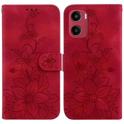 For Motorola Moto G05 4G  /  E15 4G Case Lily Flower Imprint Leather Phone Cover with Stand - Red