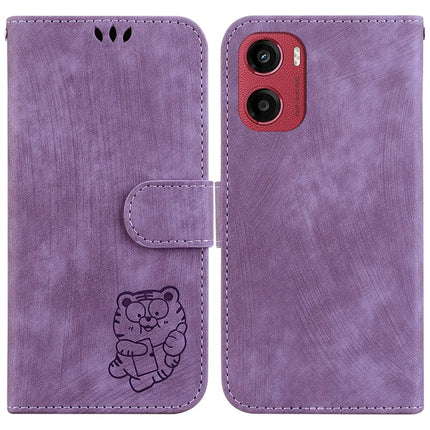 For Motorola Moto G05 4G  /  E15 4G Wallet Case Tiger Imprint Leather Shockproof Phone Cover - Purple