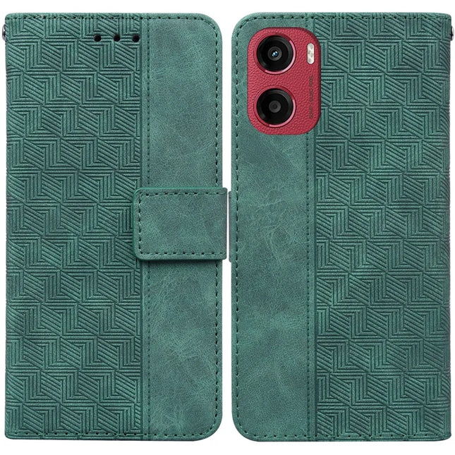 For Motorola Moto G05 4G  /  E15 4G Case Geometry Pattern Leather Wallet Phone Cover - Green