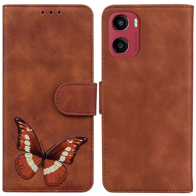 For Motorola Moto G05 4G  /  E15 4G Stand Case PU Leather Phone Cover Butterfly Printed - Brown