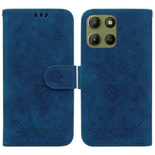 For Motorola Moto G15 4G Case PU Leather Wallet Phone Cover Butterfly Flower Imprint - Blue
